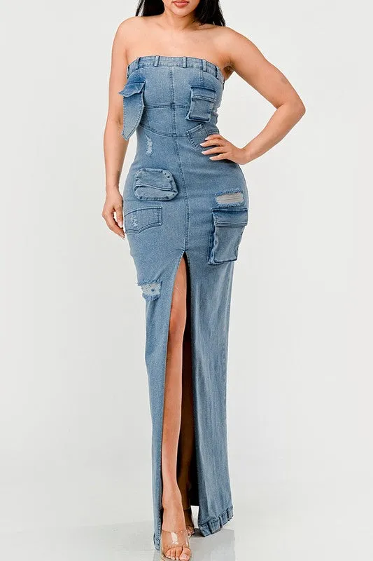 Denim Cargo Long Maxi Dress