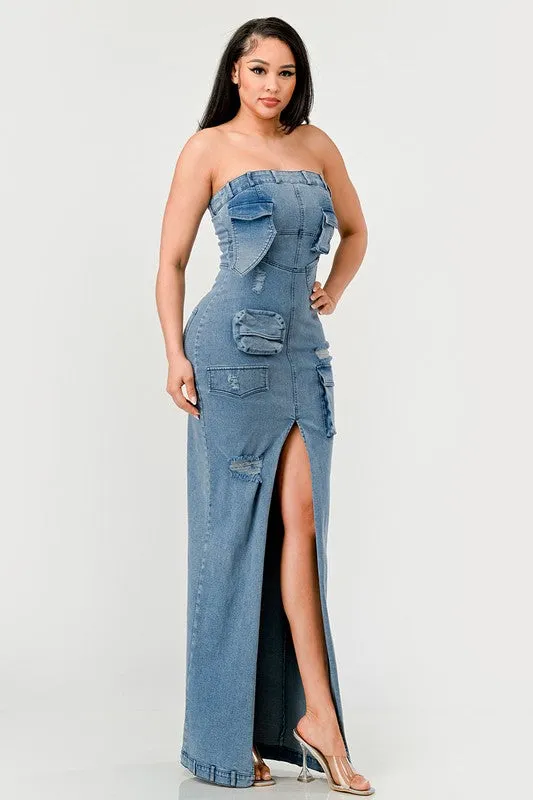 Denim Cargo Long Maxi Dress