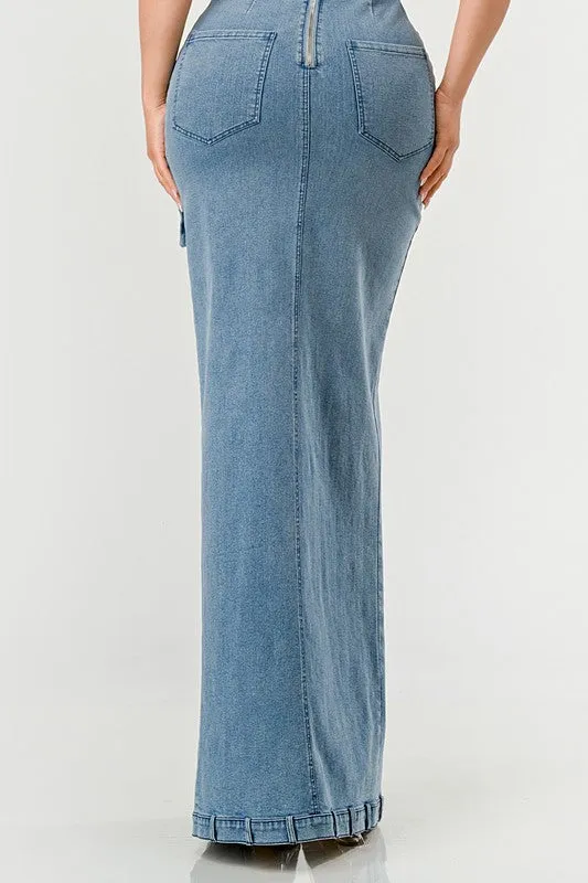 Denim Cargo Long Maxi Dress