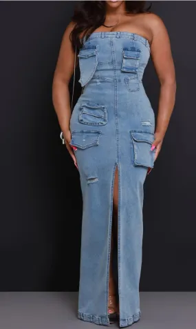 Denim Cargo Long Maxi Dress