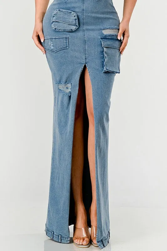 Denim Cargo Long Maxi Dress