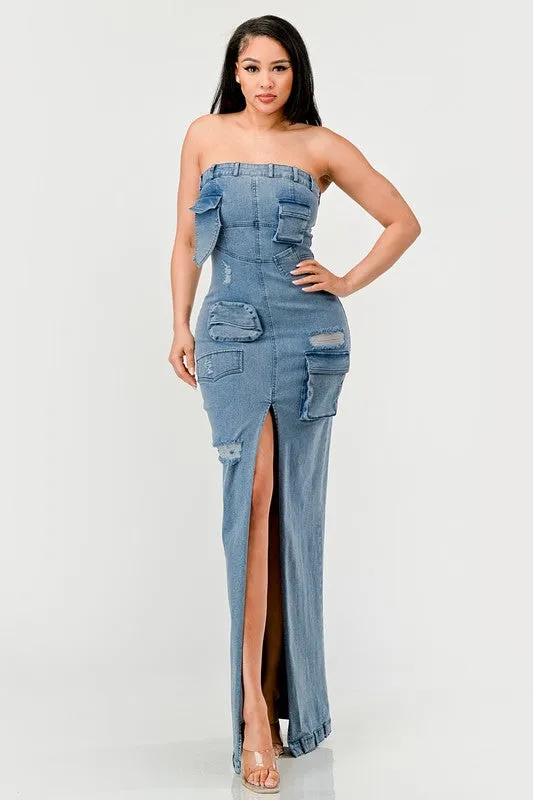 Denim Cargo Long Maxi Dress