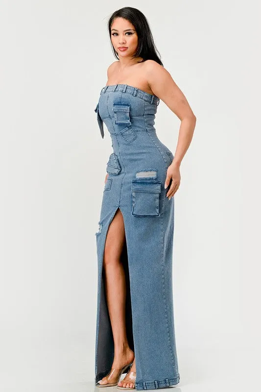 Denim Cargo Long Maxi Dress