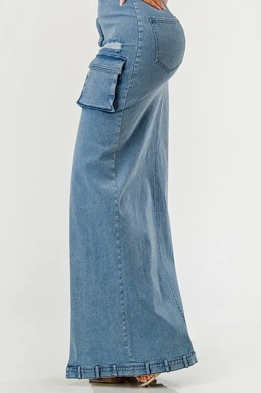 Denim Cargo Long Maxi Dress