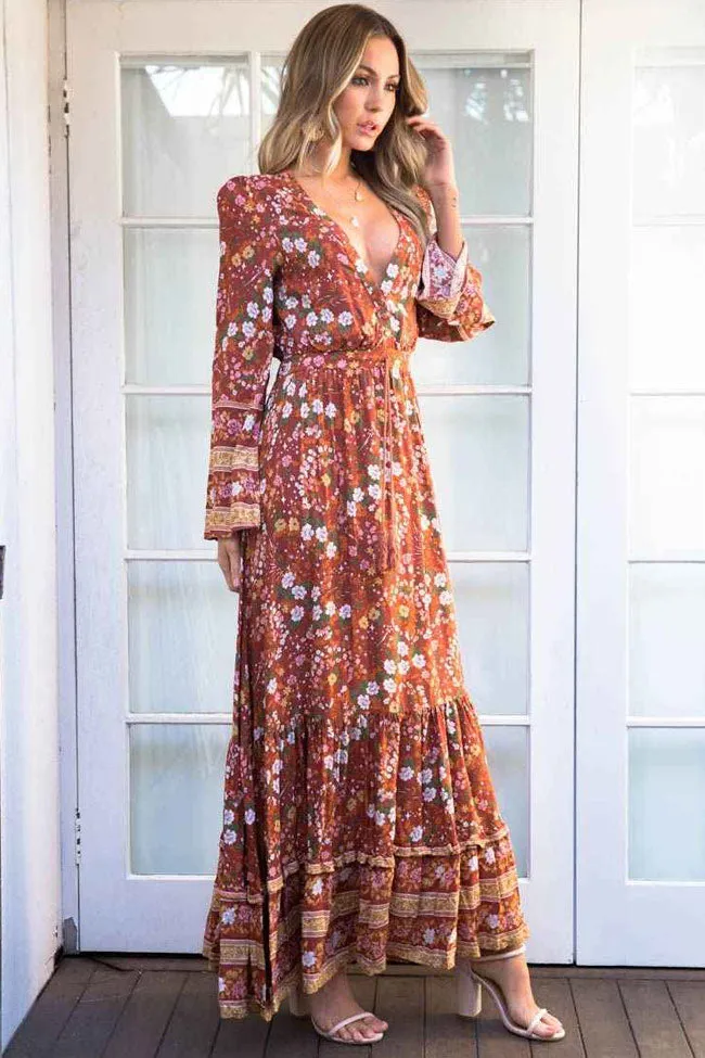 Ditsy Floral Long Sleeve V Neck Boho Chic Maxi Dress - Burnt Orange