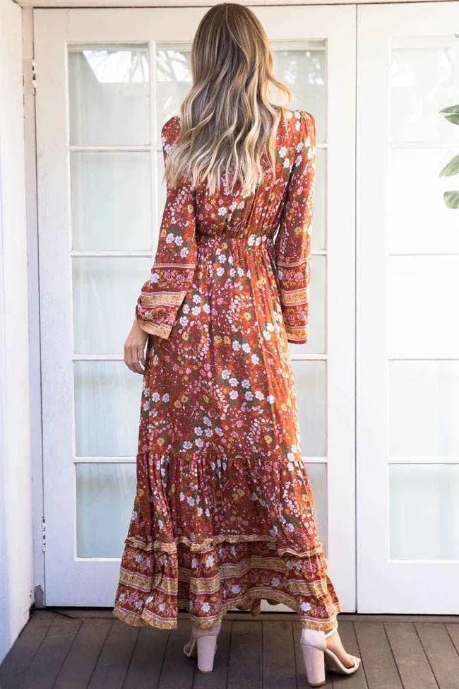 Ditsy Floral Long Sleeve V Neck Boho Chic Maxi Dress - Burnt Orange