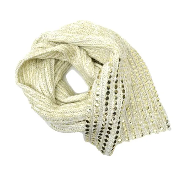 DKNY Women's Knit Scarf Chunky Knit Beige Gold Thread Studded Acrylic Blend