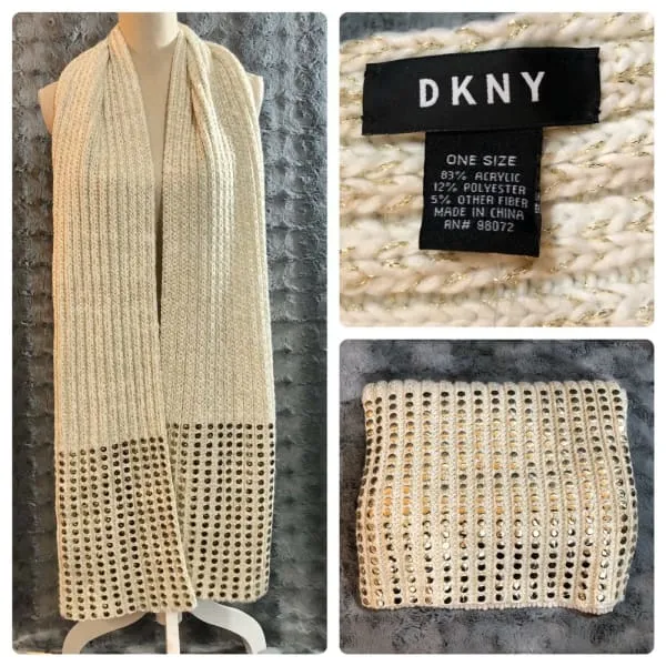 DKNY Women's Knit Scarf Chunky Knit Beige Gold Thread Studded Acrylic Blend