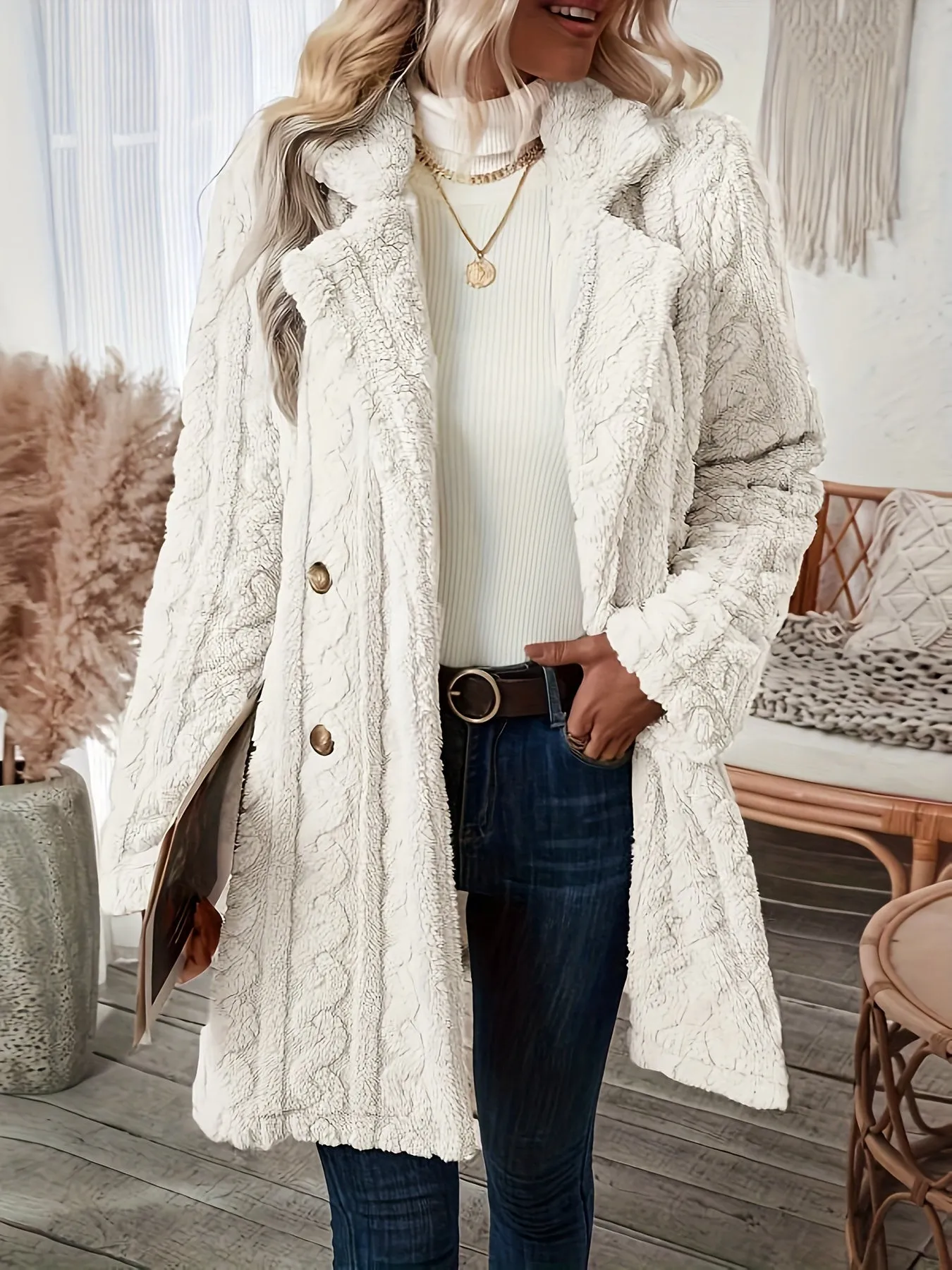 Double Breasted Lapel Versatile Textured Thermal Teddy Coat