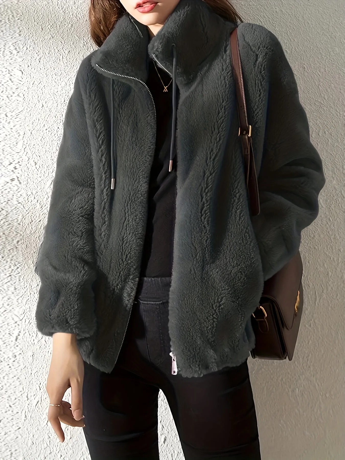 Drawstring Zip Up Long Sleeve Teddy Coat