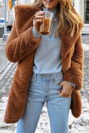 Elegant Shaggy Faux Fur Teddy Coat - Brown