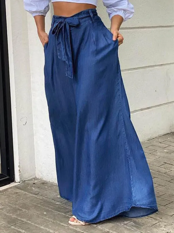 Elegant strappy high waisted skirt casual plus size denim maxi skirt