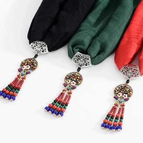 Ethnic Multifunction Women Necklace Retro Shell Flower Colorful Bead Tassel Cotton Scarf Gift