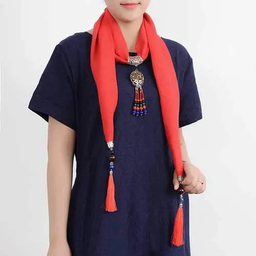 Ethnic Multifunction Women Necklace Retro Shell Flower Colorful Bead Tassel Cotton Scarf Gift