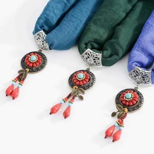 Ethnic Turquoise Necklace Cotton Scarf Bohemian Flower Leaf Tassel Clothing Accessories Gift