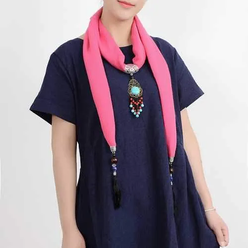 Ethnic Women Necklace Multifunction Cotton Scarf Bohemian Turquoise Bead Tassel Clothing Accessories