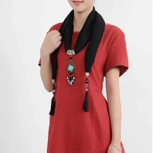 Ethnic Women Necklace Multifunction Cotton Scarf Bohemian Turquoise Bead Tassel Clothing Accessories