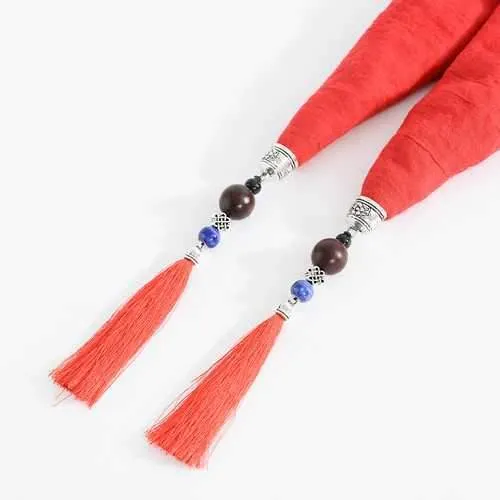 Ethnic Women Necklace Vintage Cotton Scarf Shell Flower Charm Green Beads Tassel Clothing Accessory