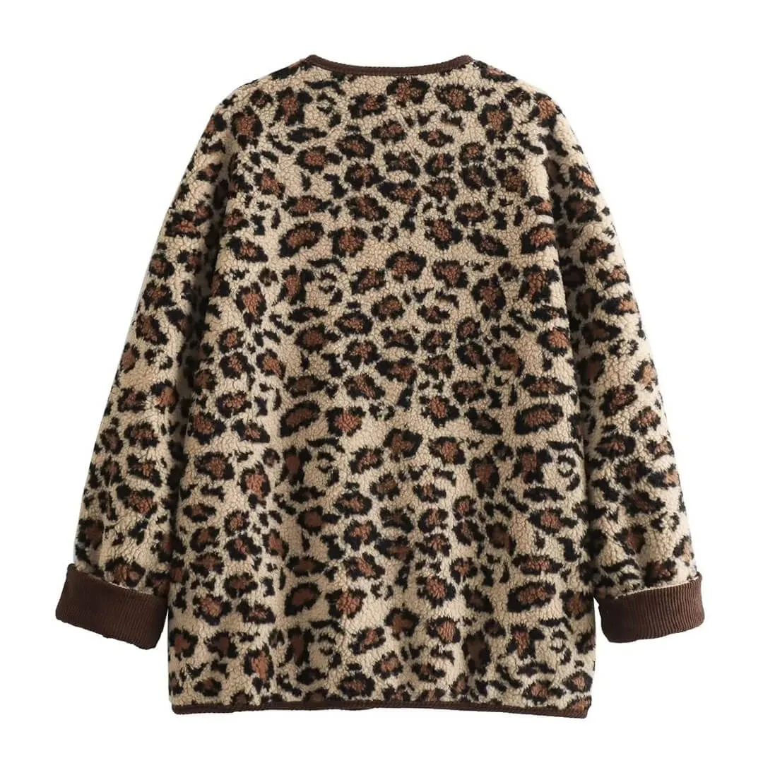 Fashion Crew Neck Button Up Long Sleeve Oversized Faux Fur Leopard Jacket