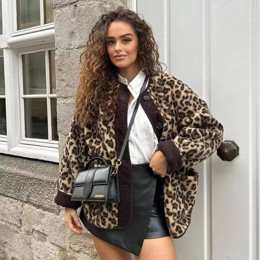 Fashion Crew Neck Button Up Long Sleeve Oversized Faux Fur Leopard Jacket