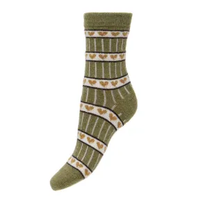 Fine knit, ribbed Wool Blend Socks with hearts - SAGE GREEN