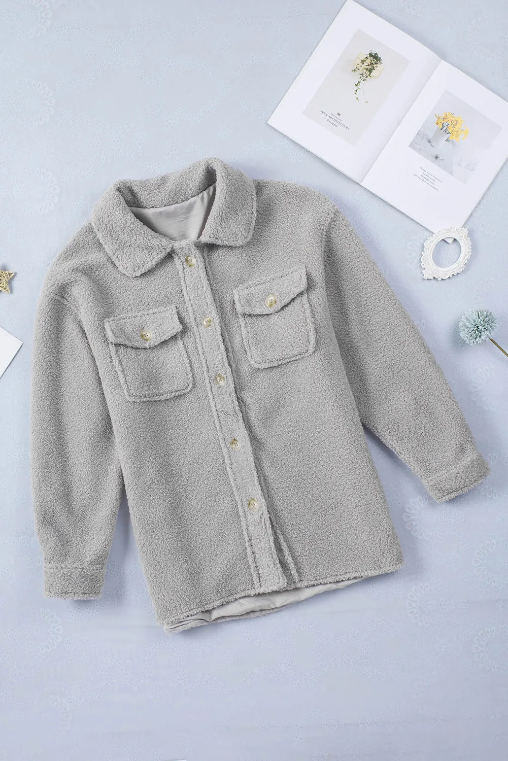 Flap Pockets Button Front Teddy Coat