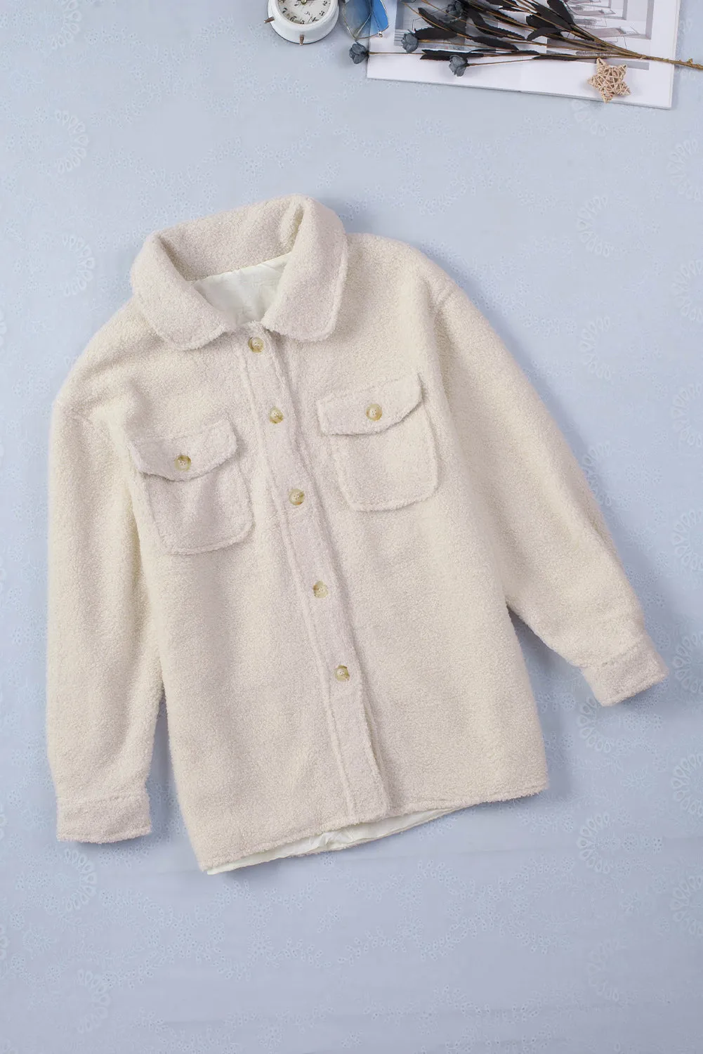 Flap Pockets Button Front Teddy Coat