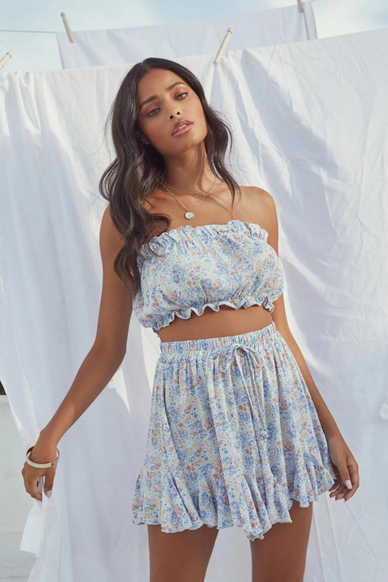 Floral Print Strapless Crop Top Culottes Two-Piece Outfit