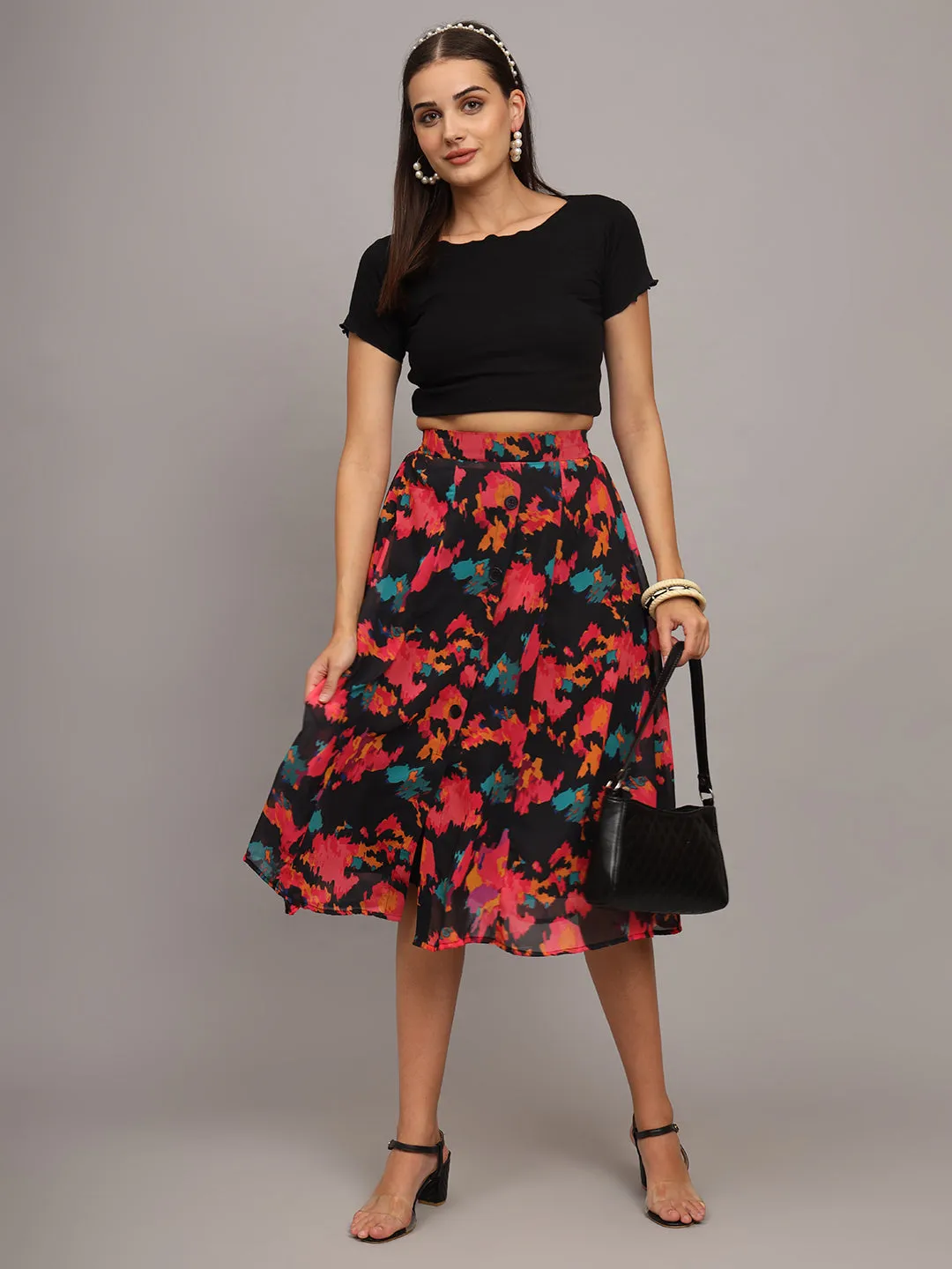 Floral Printed Georgette Knee-Length Flared Skirt