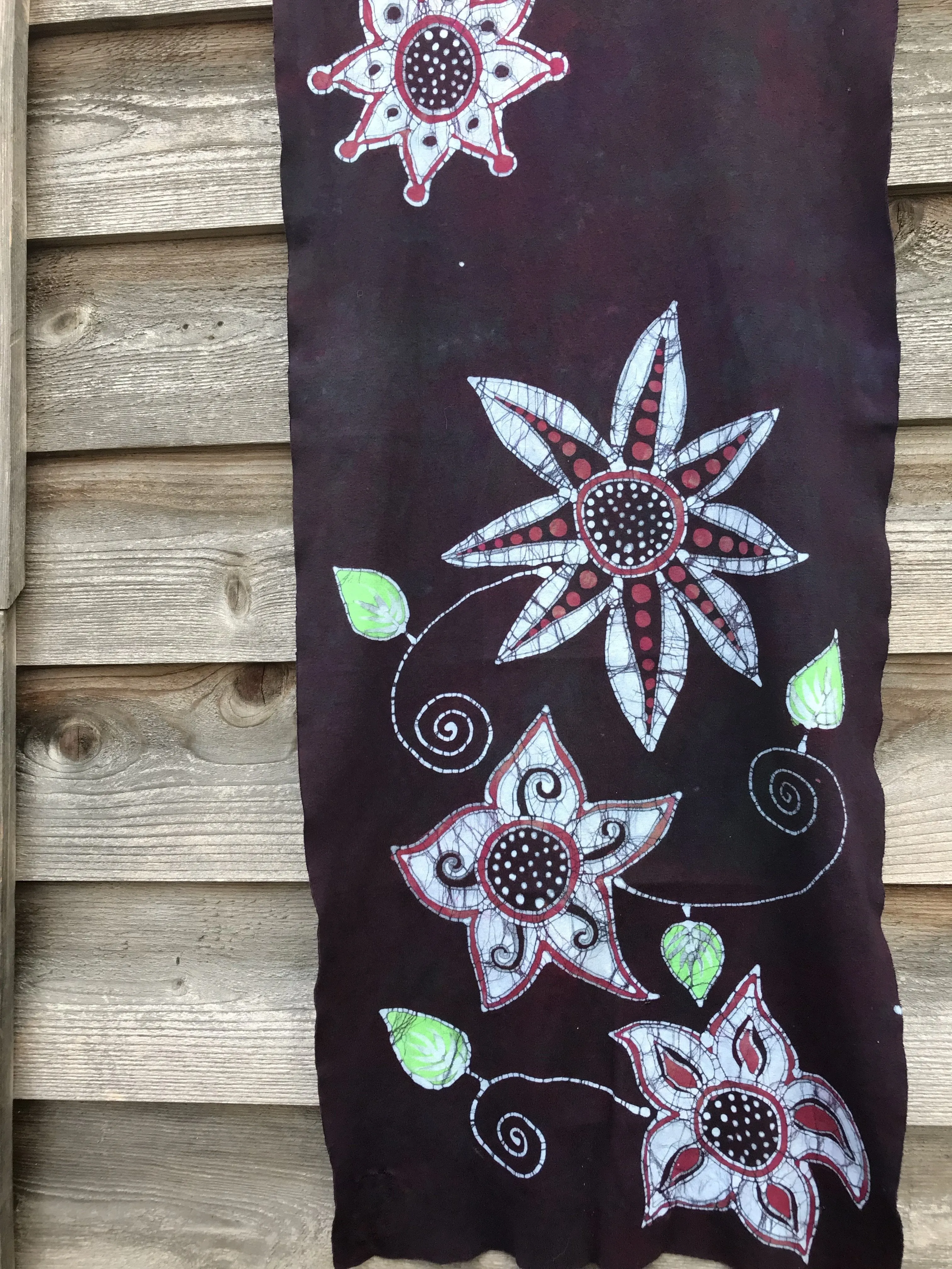 Flower Power With Neon Leaves - Hand Painted Organic Knit Fabric Scarf