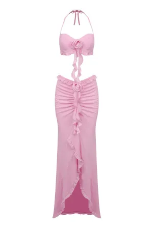 Flowy Halter Tie Rose Bra Ruched Mesh Draped Ruffle Two Piece Maxi Dress