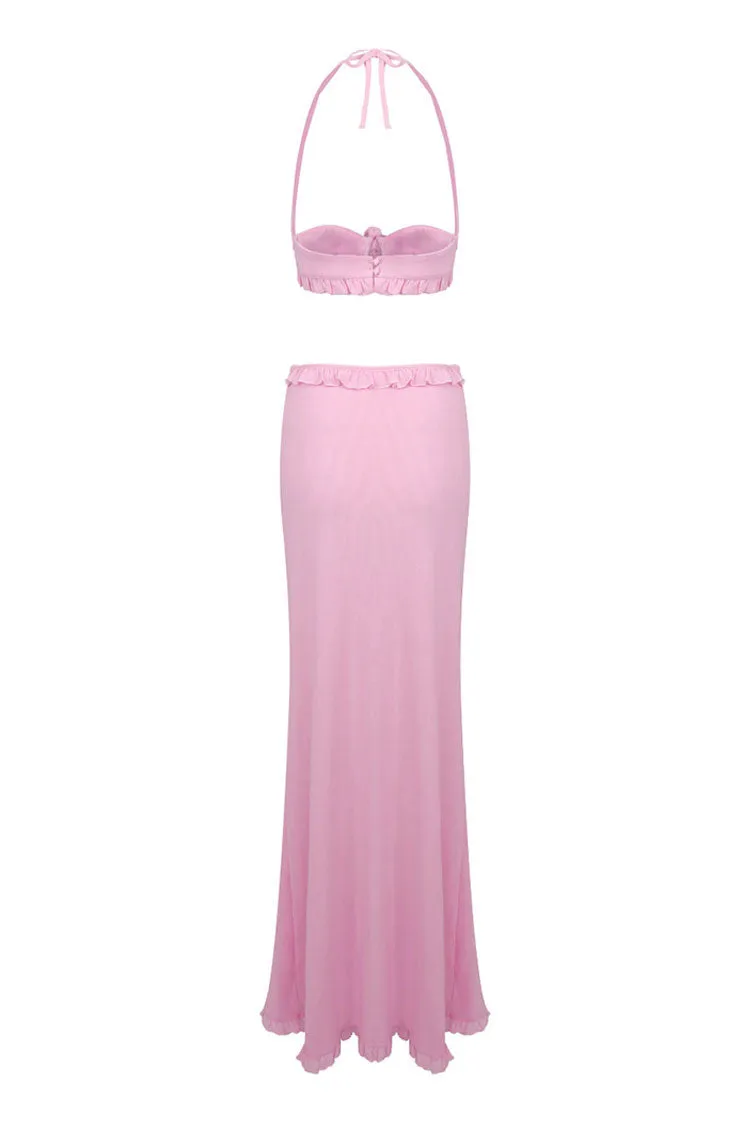 Flowy Halter Tie Rose Bra Ruched Mesh Draped Ruffle Two Piece Maxi Dress