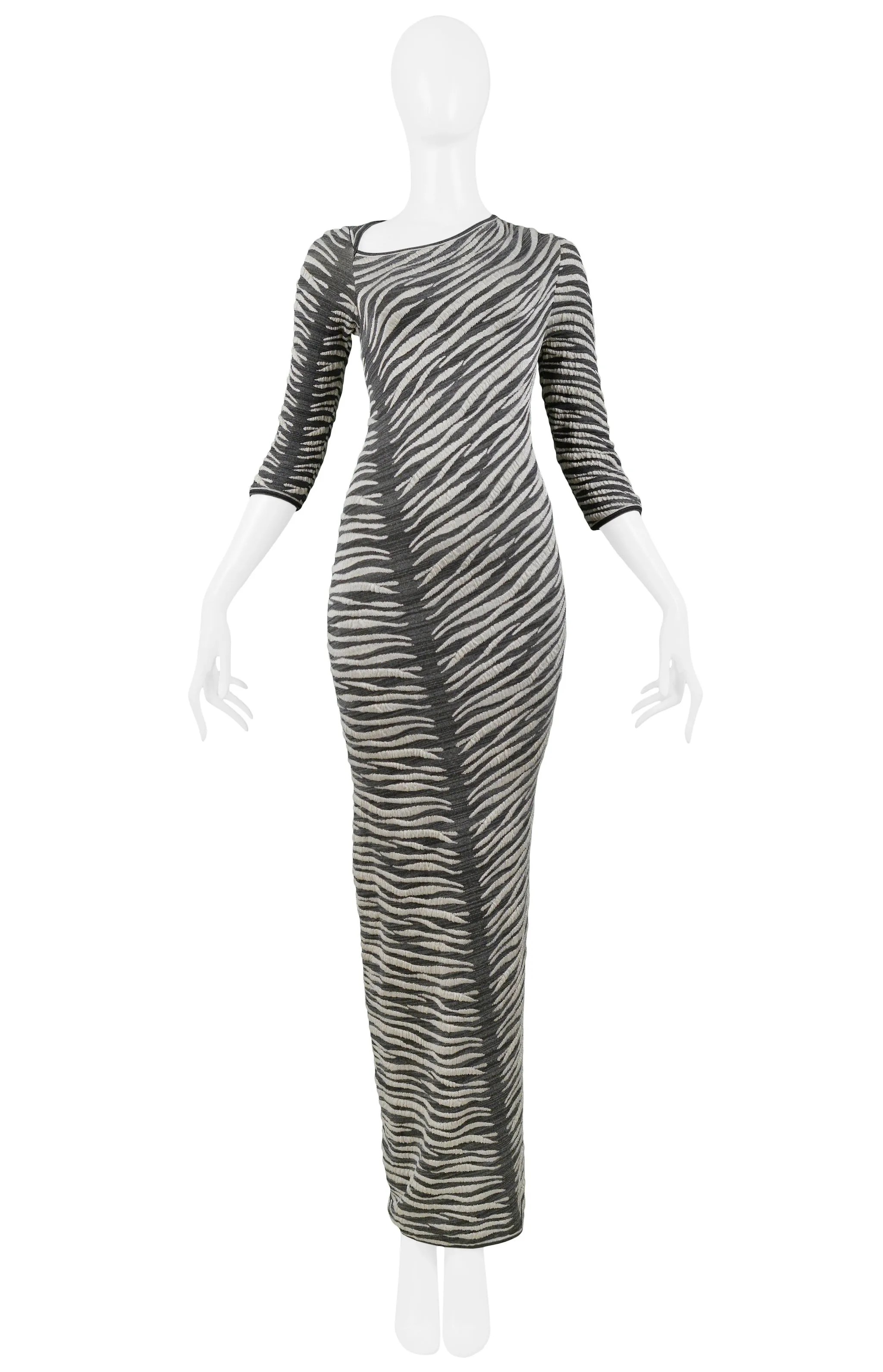 GIANFRANCO FERRE GREY & WHITE ZEBRA STRIPE MAXI DRESS 1999