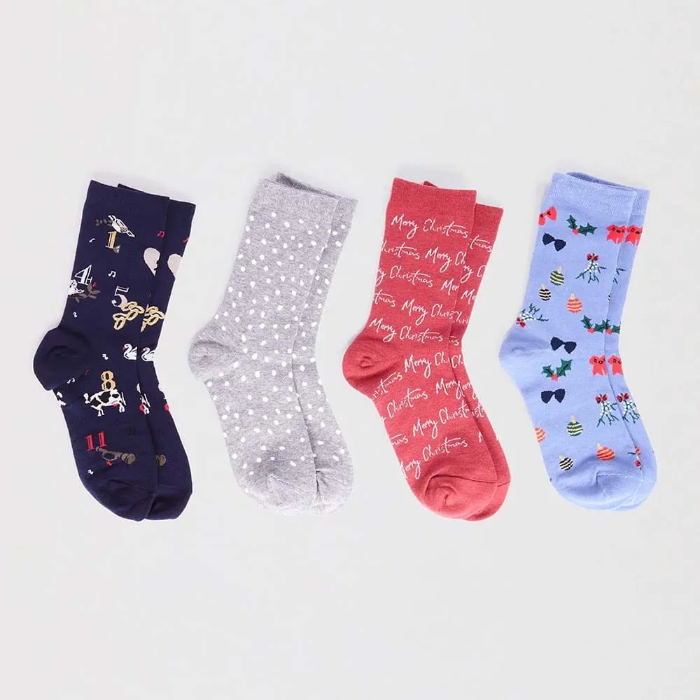 Gift Box of 4 Women's Organic Cotton Christmas Socks by Thought - 'Carole'