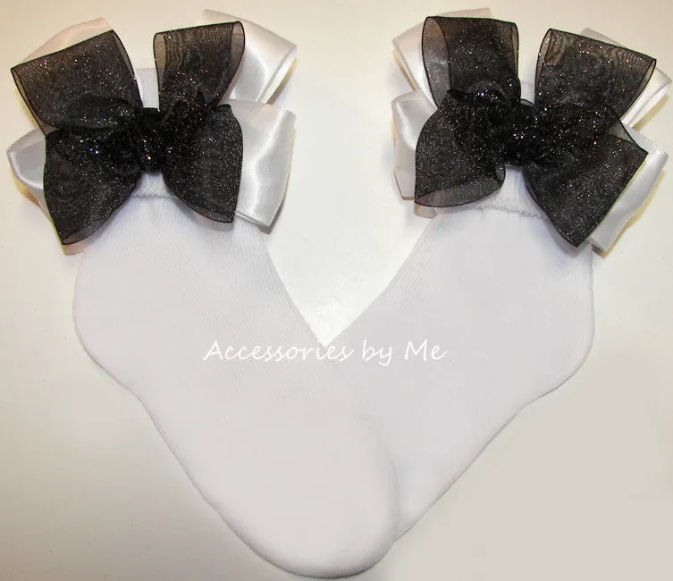 Glitzy Black White Organza Satin Bow Socks