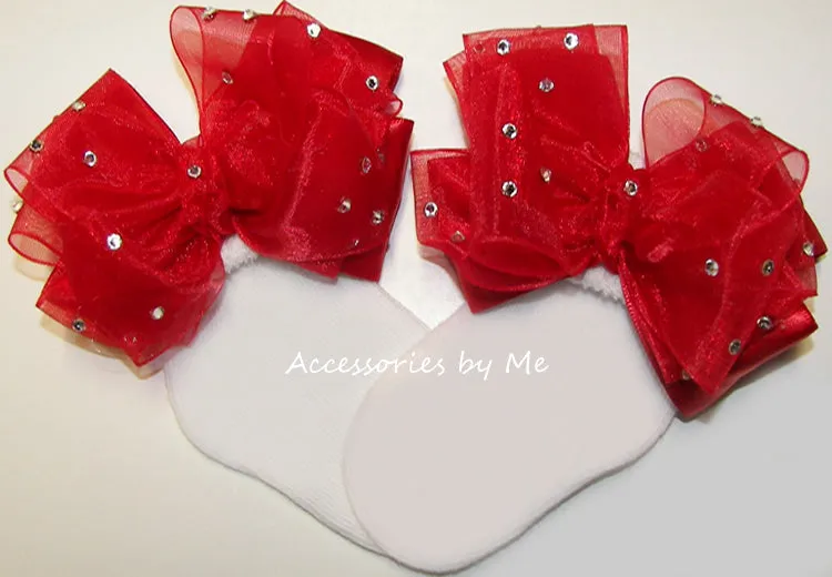 Glitzy Red Organza Satin Bow Socks