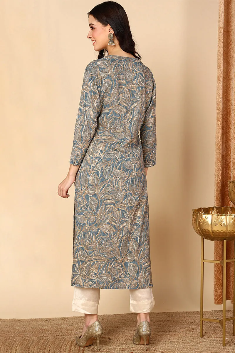 Grey Viscose Rayon Ethnic Motifs Printed Straight Kurta