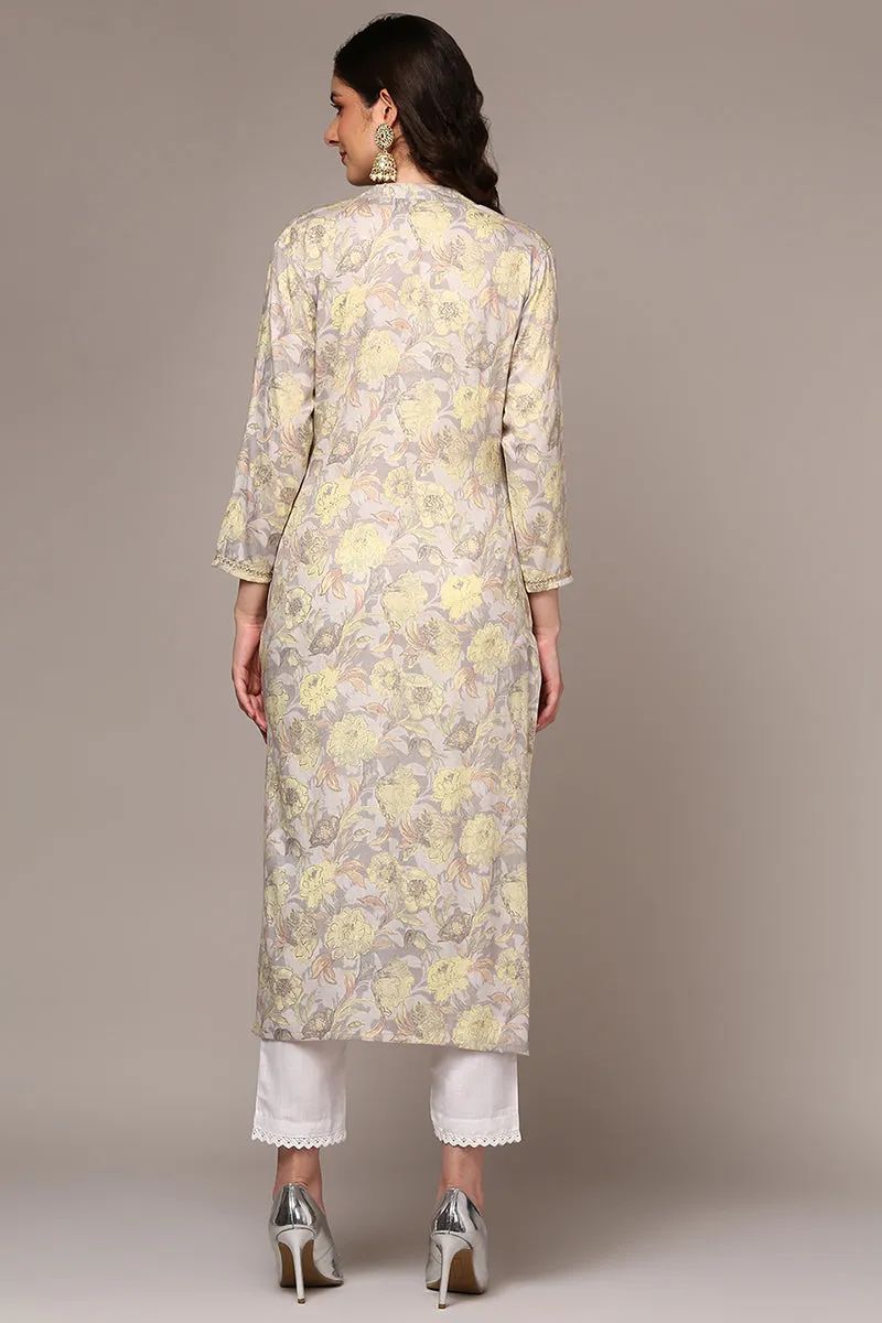 Grey Viscose Rayon Floral Printed Kurta