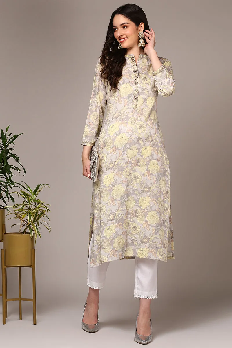 Grey Viscose Rayon Floral Printed Kurta