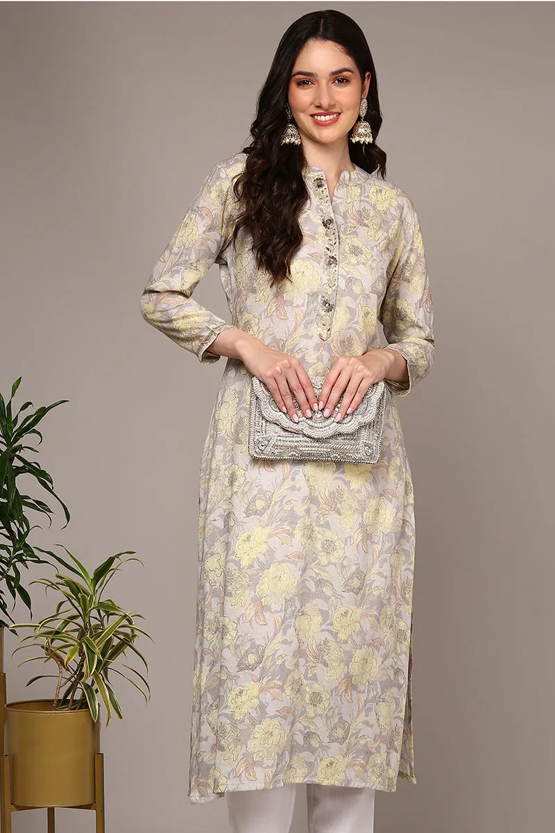 Grey Viscose Rayon Floral Printed Kurta