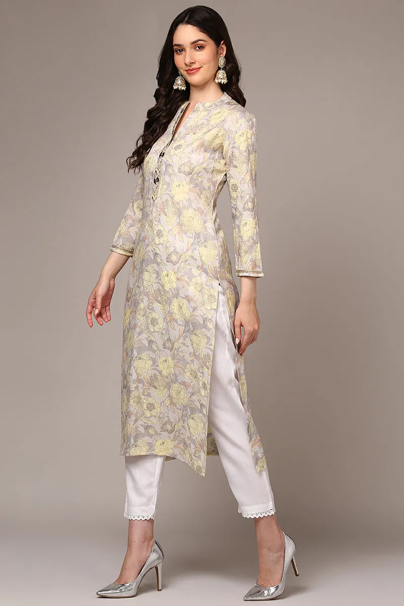 Grey Viscose Rayon Floral Printed Kurta