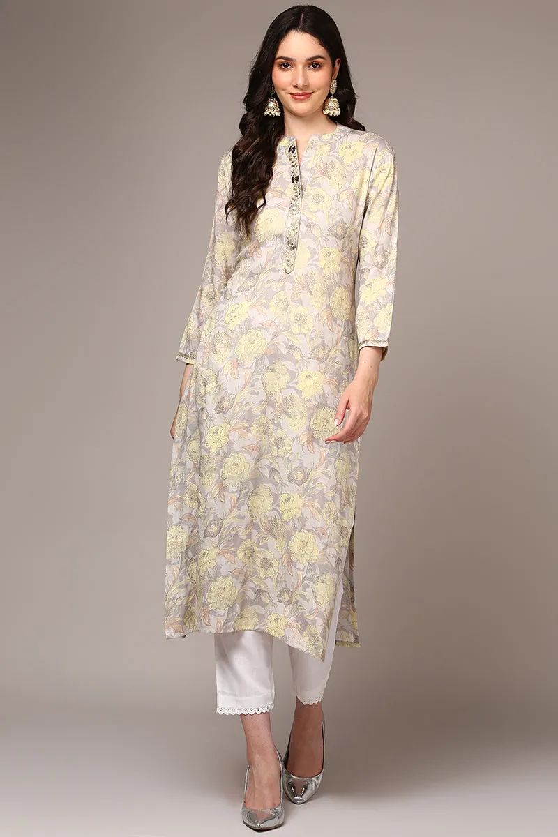 Grey Viscose Rayon Floral Printed Kurta