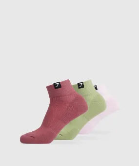 Gymshark Woven Tab Quarter Socks 3pk - Lemonade Pink/Soft Berry/Light Sage Green