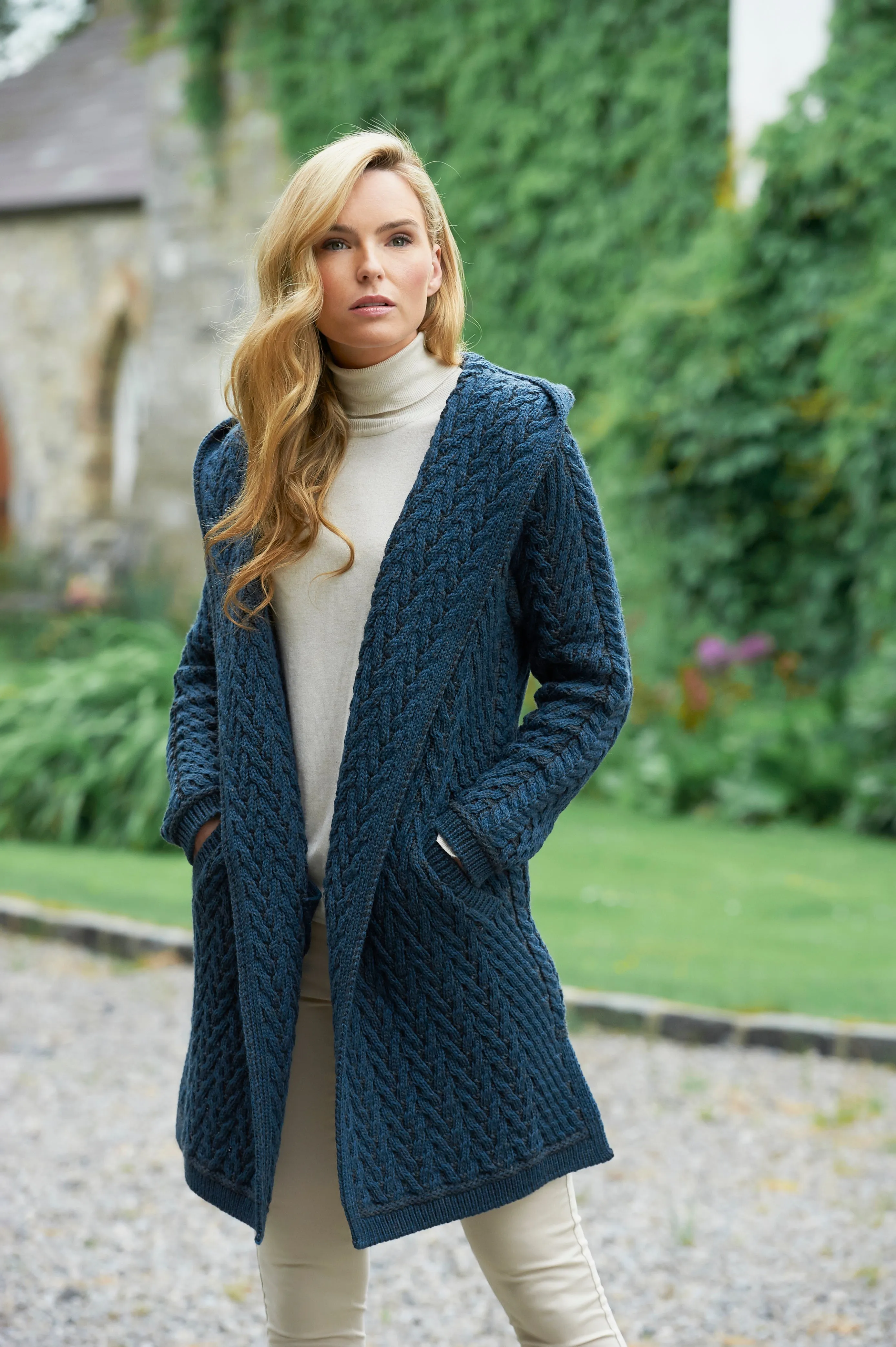 HERRINGBONE ARAN SHAWL COAT WITH HOOD