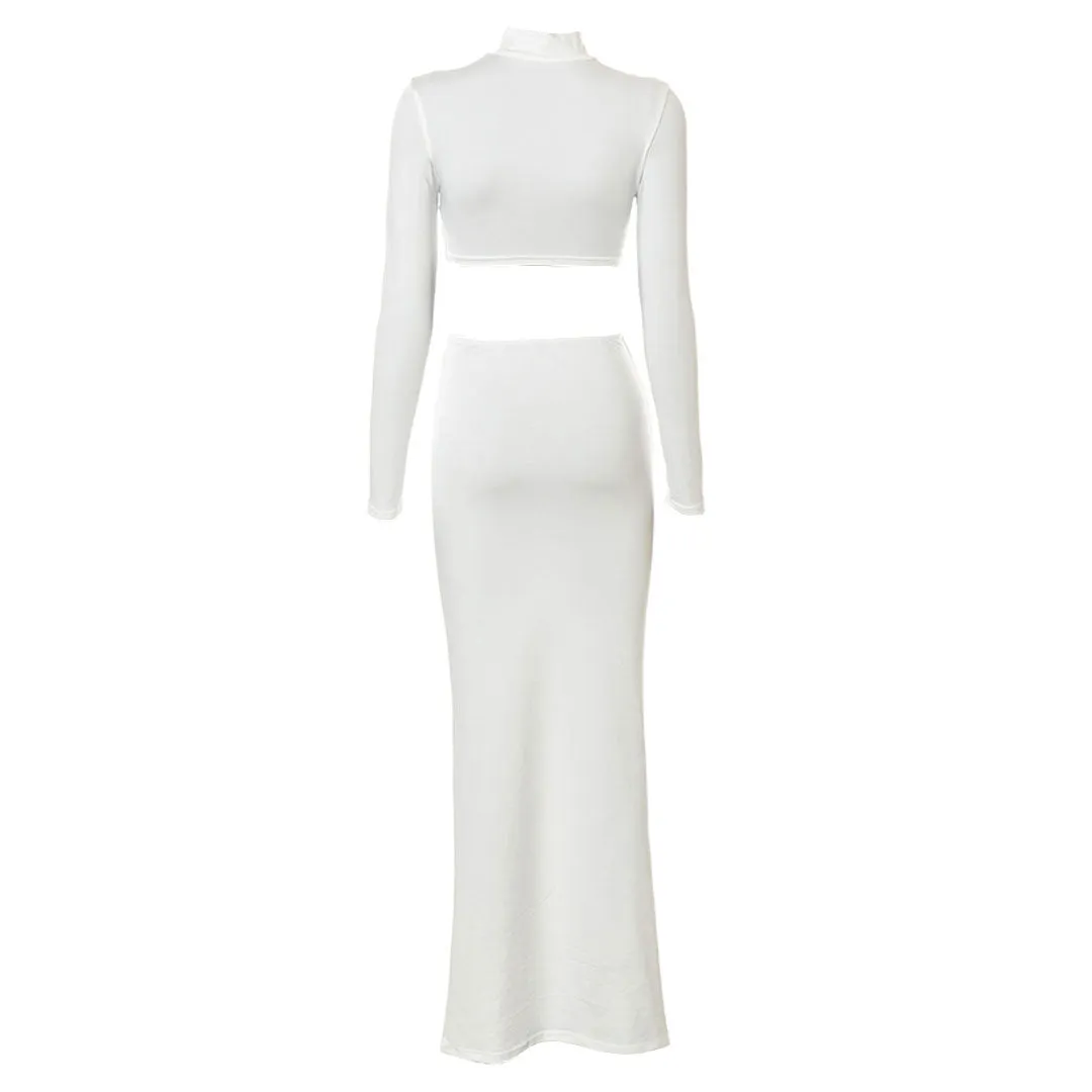 High Neck Long Sleeve Crop Top Ruched Maxi Skirt Matching Set - White