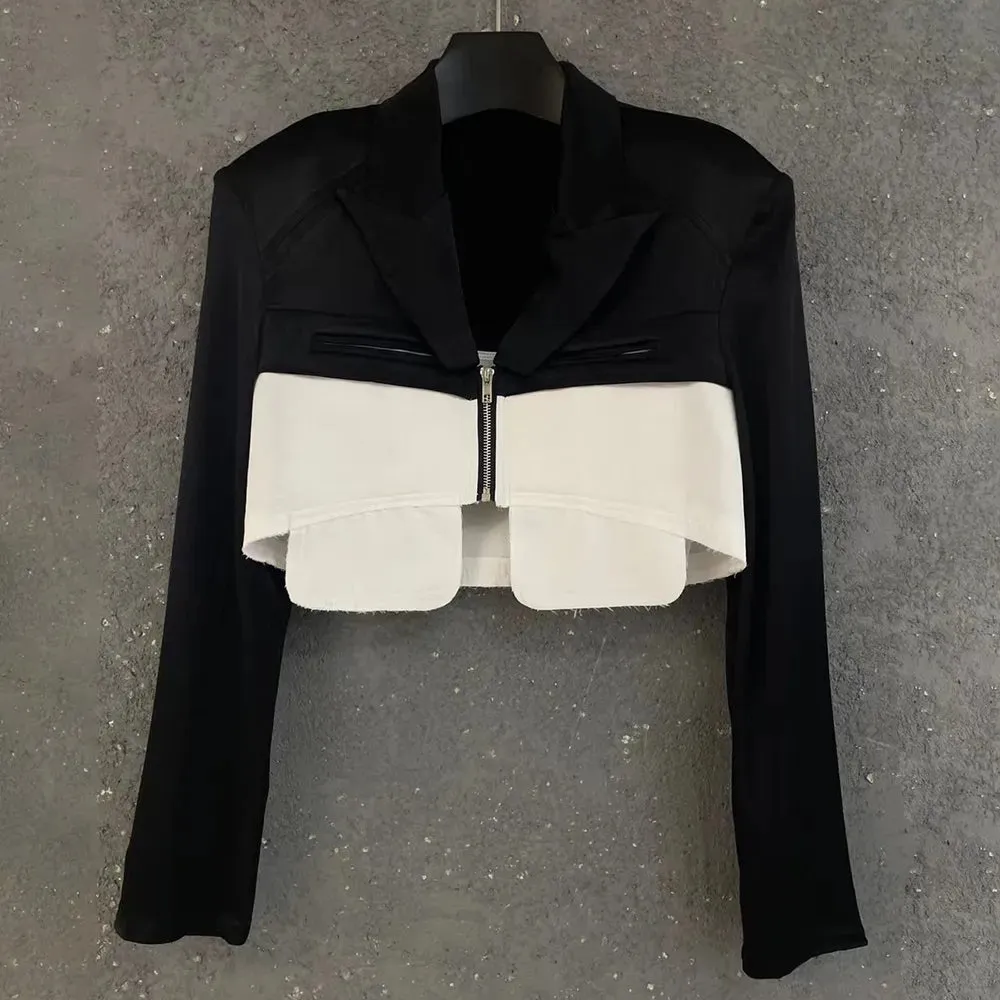 Hit Color Blazers For Women Notched Collar Long Sleeve Spliced Zipper Slim Autumn Blazer Female Fashion Clothing