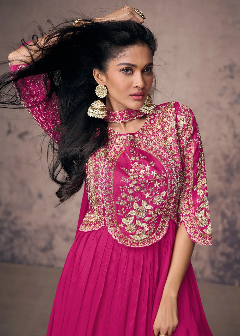 Hot Pink Silk Embroidered Wedding Party Anarkali Gown