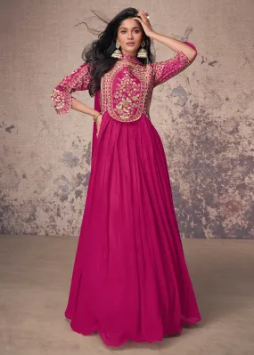 Hot Pink Silk Embroidered Wedding Party Anarkali Gown