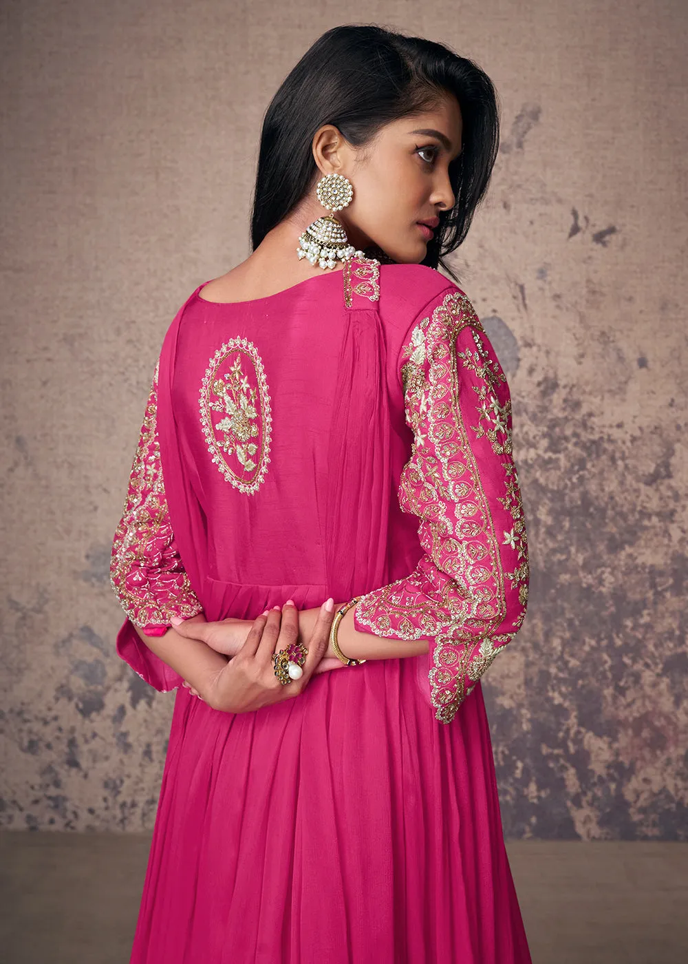 Hot Pink Silk Embroidered Wedding Party Anarkali Gown