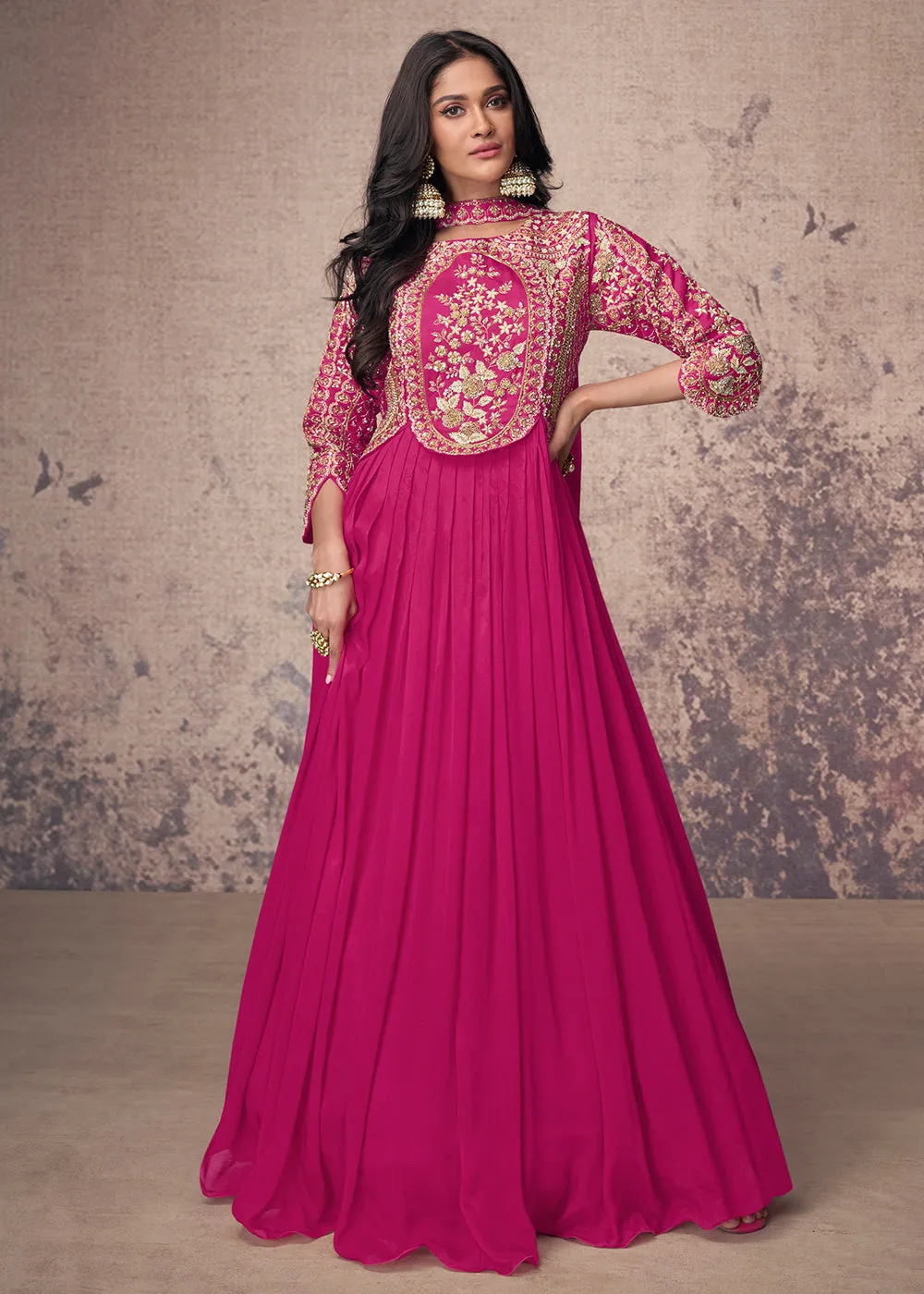 Hot Pink Silk Embroidered Wedding Party Anarkali Gown